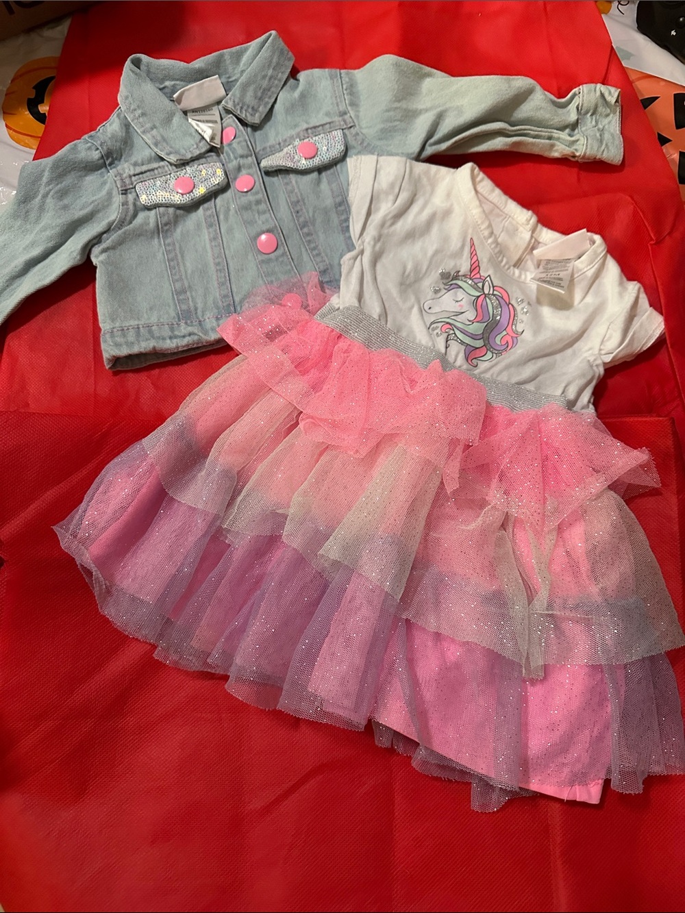 Little Lass Pink & Light Blue Unicorn Tulle Dress with Denim Jacket